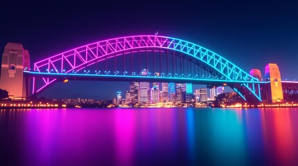 Obraz premium Holographic Sydney Harbour Bridge, digital neon glow, augmented reality Australia