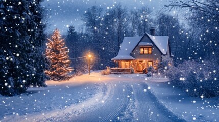 Naklejka premium A Snow-Covered House with a Christmas Tree and Lights