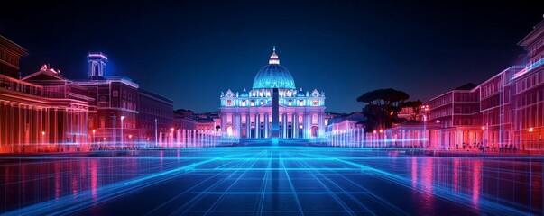 Holographic Vatican square, digital glow, neon Rome skyline