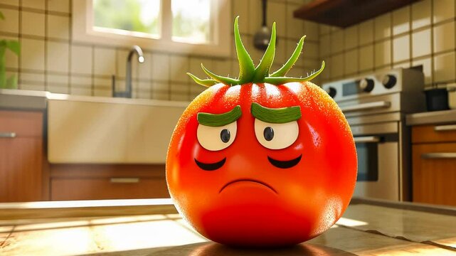 A sad-faced animated tomato sits on a kitchen counter in a sunlit, cozy kitchen. The tomato has expressive eyes, a furrowed brow, and a small tear, adding a humorous touch. Morning light enhances the