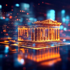 Virtual Acropolis, glowing holographic ruins, augmented reality Athens skyline