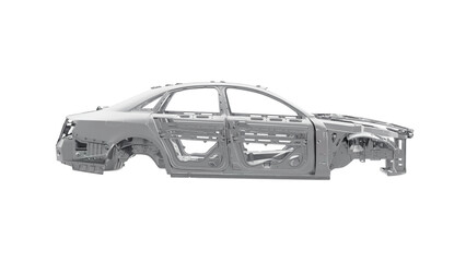 a car chassis showcasing the intricate metal framework of a vehicle's body. This steel structure, often referred to as "body in white," forms the foundation for automotive assembly and design, emphas