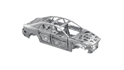  a car chassis showcasing the intricate metal framework of a vehicle's body. This steel structure, often referred to as "body in white," forms the foundation for automotive assembly and design, emphas