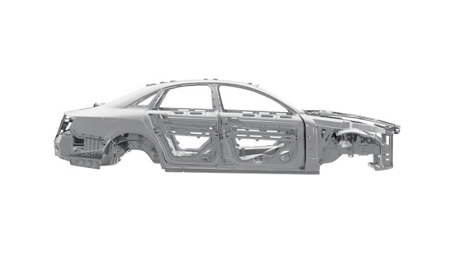  a car chassis showcasing the intricate metal framework of a vehicle's body. This steel structure, often referred to as "body in white," forms the foundation for automotive assembly and design, emphas