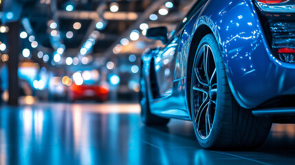 Blue sports car with dynamic design and sharp lines displayed in a brightly lit automotive showroom. A perfect blend of speed, style, and cutting-edge technology.