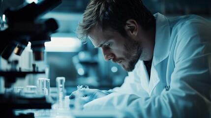 A scientist in a lab coat analyzing samples under a microscope in a modern laboratory, copy space