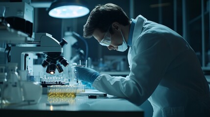 A scientist in a lab coat analyzing samples under a microscope in a modern laboratory, copy space