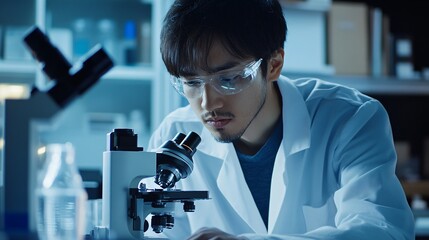 A scientist in a lab coat analyzing samples under a microscope in a modern laboratory, copy space