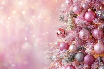 Shimmering Pink Christmas Tree with Ornaments and Soft Glowing Lights