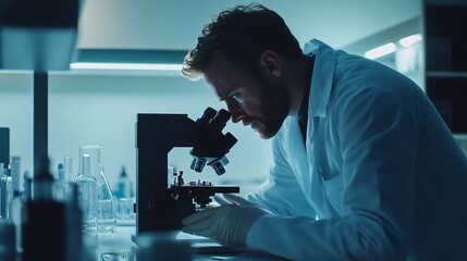 A scientist in a lab coat analyzing samples under a microscope in a modern laboratory, copy space