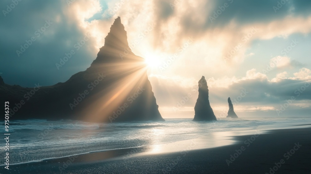 Wall mural icelandic seascape with majestic rock formations at sunset