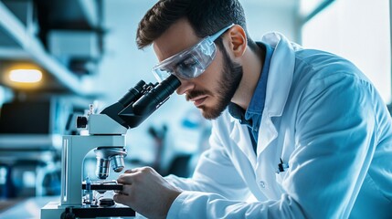 A scientist in a lab coat analyzing samples under a microscope in a modern laboratory, copy space