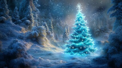 A Glowing Blue Christmas Tree in a Snowy Forest