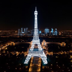 Virtual Eiffel Tower, holographic cityscape, augmented reality Paris, night glow