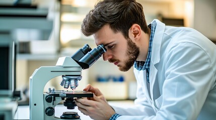 A scientist in a lab coat analyzing samples under a microscope in a modern laboratory, copy space