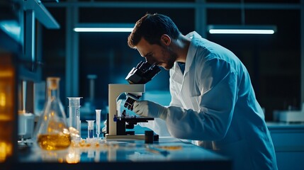 A scientist in a lab coat analyzing samples under a microscope in a modern laboratory, copy space