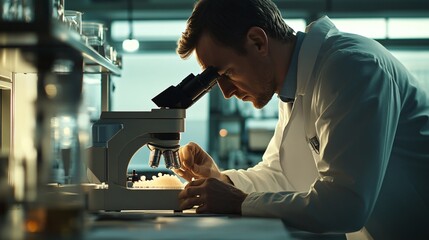 A scientist in a lab coat analyzing samples under a microscope in a modern laboratory, copy space