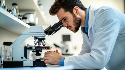 A scientist in a lab coat analyzing samples under a microscope in a modern laboratory, copy space