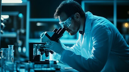 A scientist in a lab coat analyzing samples under a microscope in a modern laboratory, copy space