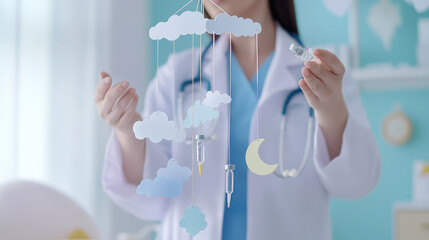 caring pediatrician  doctor put the mobile on top of  the baby cot 