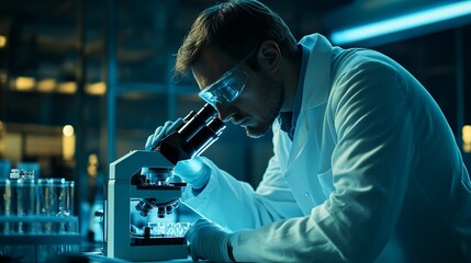 A scientist in a lab coat analyzing samples under a microscope in a modern laboratory, copy space