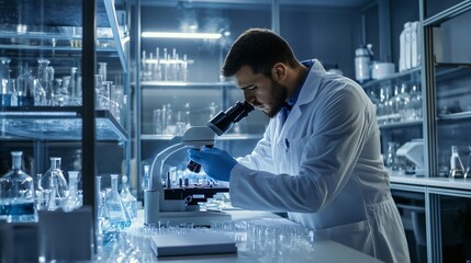 A scientist in a lab coat analyzing samples under a microscope in a modern laboratory, copy space