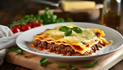 Savory Italian Beef Lasagna with Rich Tomato Sauce and Melted Cheese Served on Wooden Board, Perfect for Family Meals and Comfort Food Inspiration