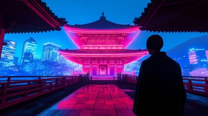 Virtual Kiyomizu-dera, digital temple projection, neon Kyoto skyline, futuristic Japan