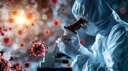 A scientist in a lab coat analyzing samples under a microscope in a modern laboratory, copy space