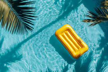 A vibrant turquoise swimming pool with a large, bright yellow inflatable air mattress gently floating in the center. The water ripples around the mattress, reflecting sunlight with sparkling patterns.