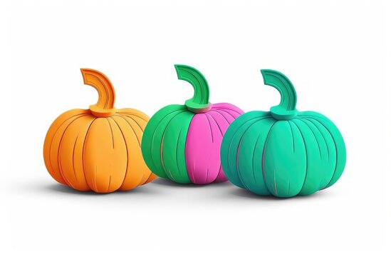 three 3d pumpkin colored model, Halloween, 3d cartoon illustration.