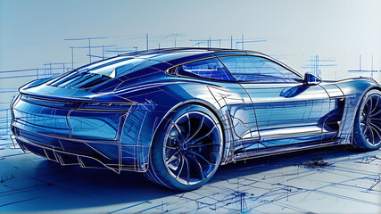 Fototapeta premium Fast Automobile Car drawing for Speed Transportation Vehicle Automotive Engineering Technology Blueprint Wireframe Aesthetic Illustration Backside