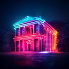 Virtual Petra Treasury night, glowing holographic temple, neon Jordan