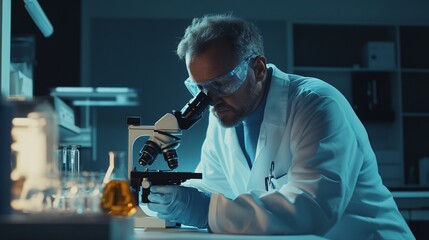 scientist in a lab coat analyzing samples under a microscope in a modern laboratory, copy space