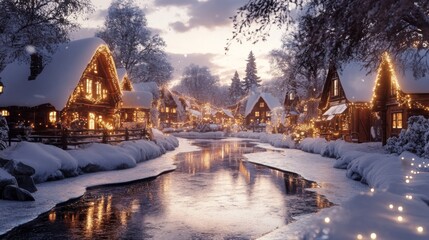 Snowy Village Illuminated with Christmas Lights at Dusk