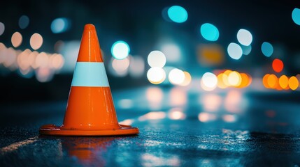 A vibrant orange traffic cone prominently displayed on a aglomerated street