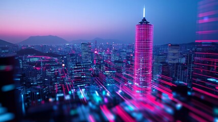 Virtual Seoul Tower, glowing holographic cityscape, futuristic South Korea