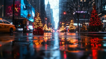 Obraz premium A Red Gift Box on a Snowy City Street at Night