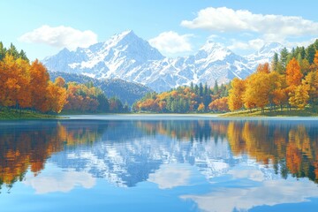 Fototapeta premium Snow-dusted mountains reflected in a crystal-clear lake surrounded by autumn trees under a bright blue sky, Ai Generation