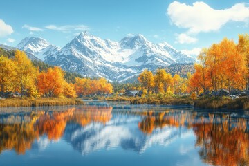 Snow-dusted mountains reflected in a crystal-clear lake surrounded by autumn trees under a bright blue sky, Ai Generation