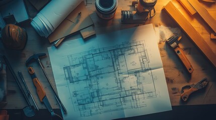 Architect Workplace Top View. AI generated illustration.