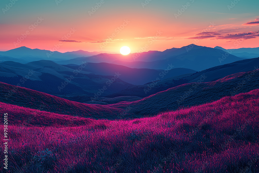 Wall mural a serene landscape with a gradient sky transitioning from deep blue to soft pink at dusk. concept of
