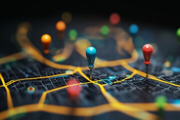 Vibrant 3d map showcasing customer journey with colorful location pins on a dark background