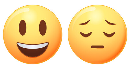 Happy and sad emoji vector icon in cartoon style. Face smile icon positive, negative neutral opinion vector signs symbol
