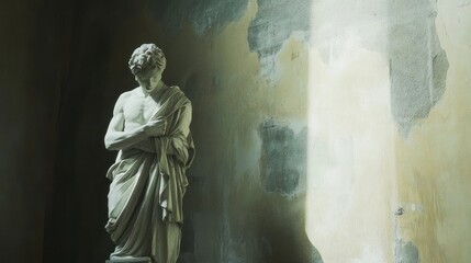 Classical Marble Statue in Soft Lighting: Serene Representation of Ancient Art Against a Textured Wall