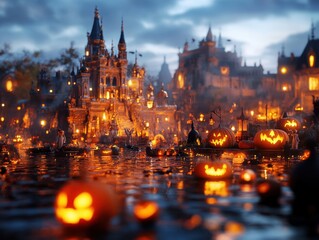 Fototapeta premium Mythological Halloween Haunt: Ghostly Figures, Eerie Temples & Spooky Beasts in Hyper-Realistic Scene