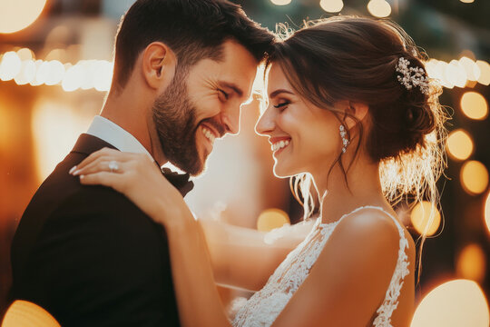 A cheerful Caucasian bride and groom sharing their first dance at the wedding reception, surrounded by warm lights and smiling lovingly at each other.