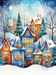 Fototapeta premium Beautiful night Christmas snow covered houses in rocky mountains and pine forest on winter. Fairy cottage on winter holidays watercolor illustration. New Year village concept for poster, greeting card