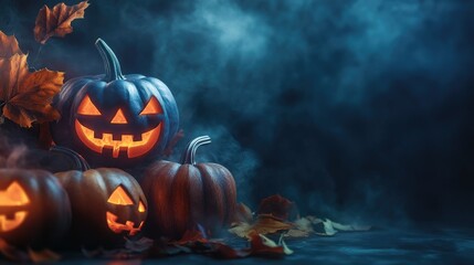 Three Halloween pumpkins with multicolored glow on a dark background. A picture with a place for text.