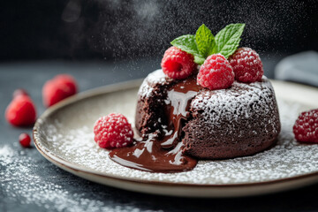 A detailed shot of a luxurious chocolate lava cake, focusing on the molten chocolate center as it oozes out. The cake is garnished with fresh raspberries, a sprig of mint, and a light dusting of